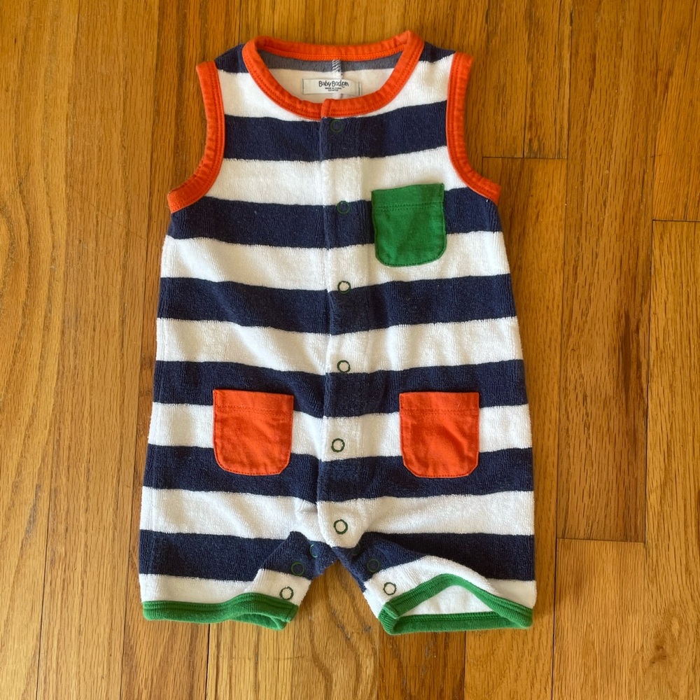 Mini Boden Striped Terry Sleeveless Baby Romper